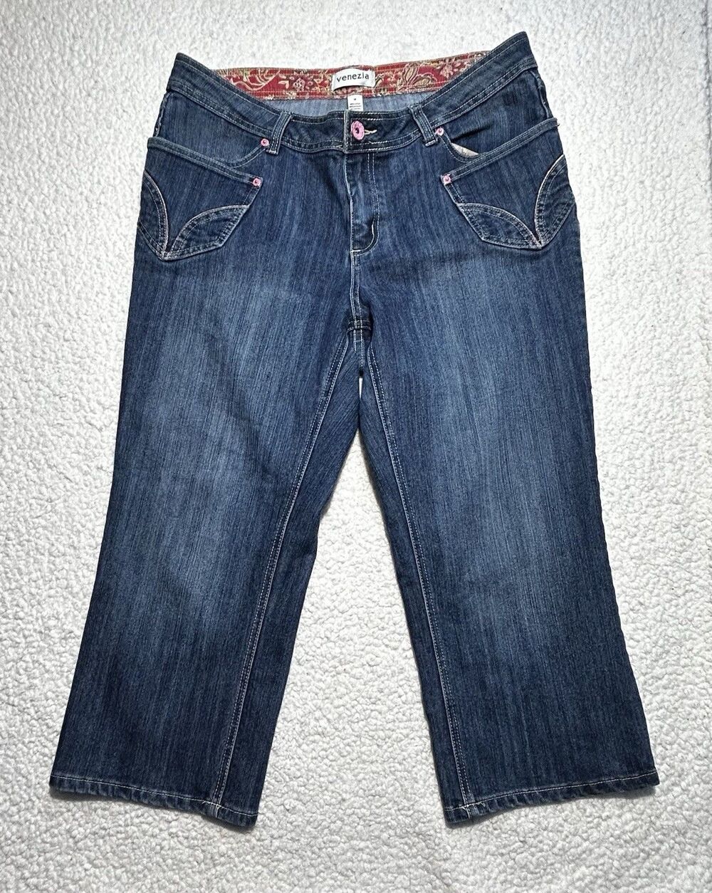 Venezia Lane Bryant Denim Capri Crop Jeans Size 18 Blue Pink Buttons Floral